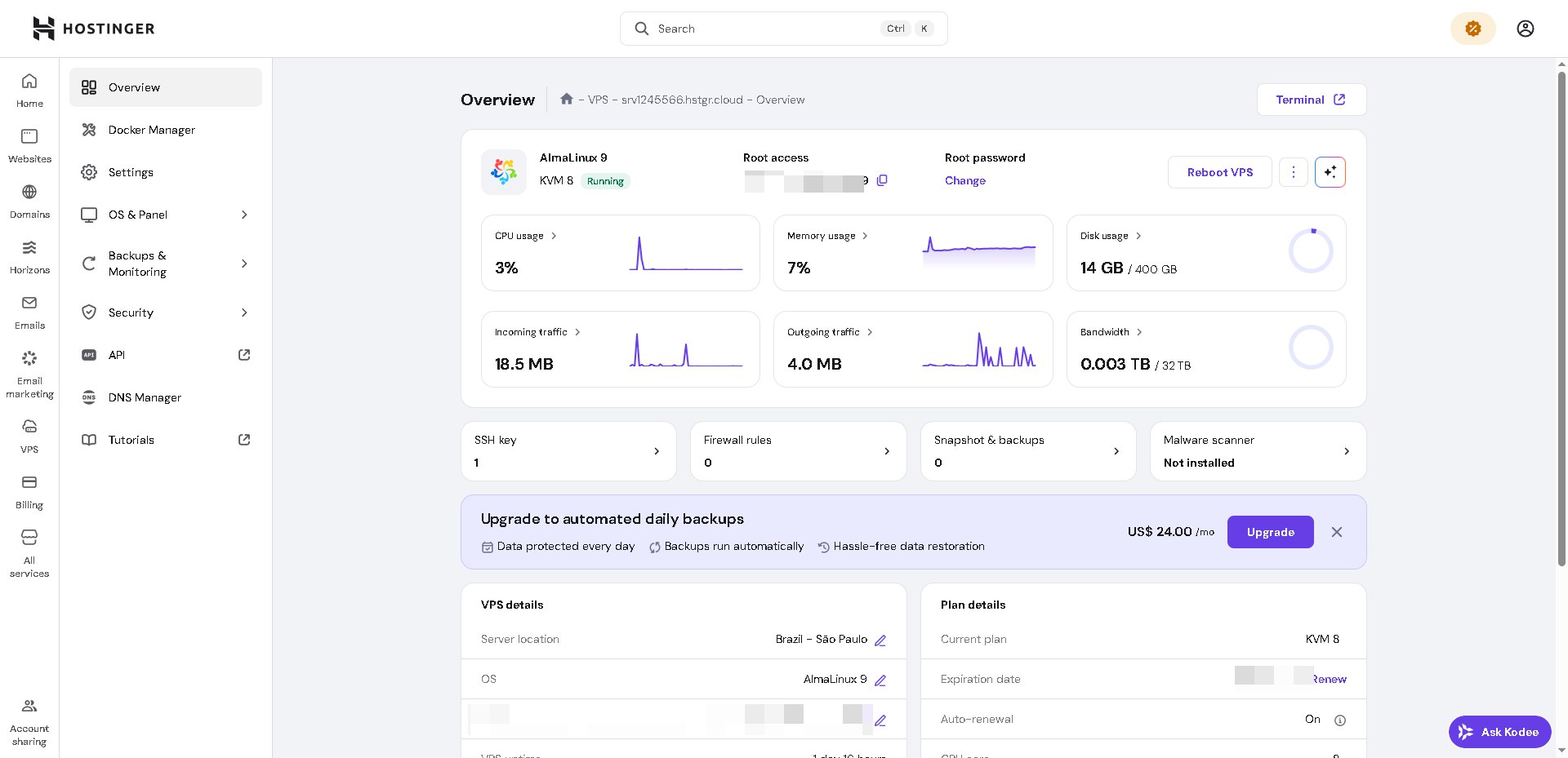 巴西高性能AMD EPYC VPS服务器hostinger评测